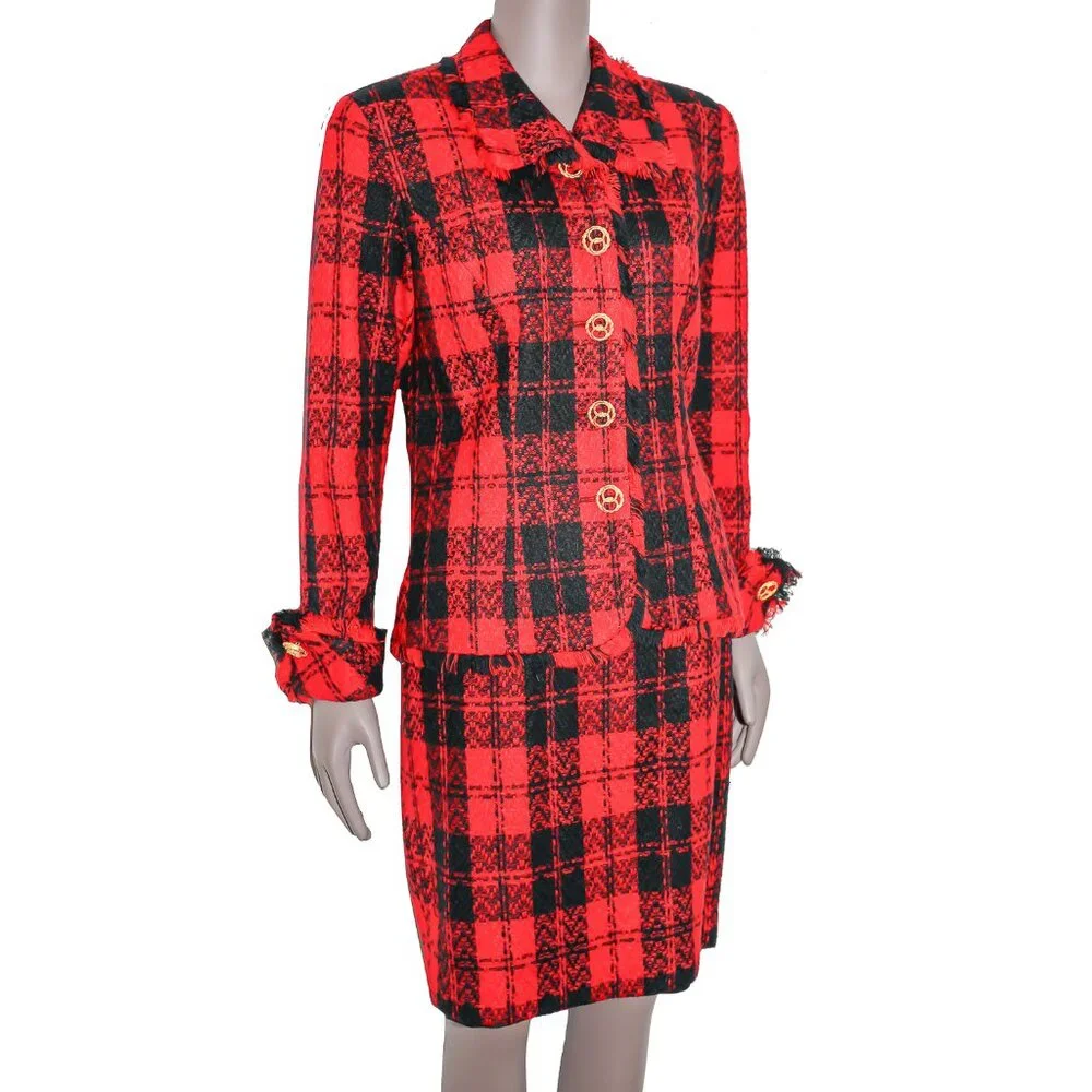 Vintage 80s‎ Red Black Plaid Skirt Suit Matching Set Formal Evening Work Office